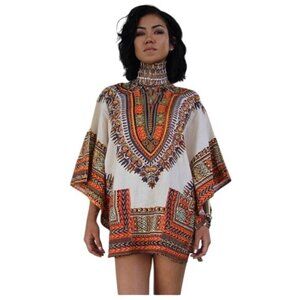 Unisex African Dashiki Top Tribal Print Kaftan Bohemian Style Beige